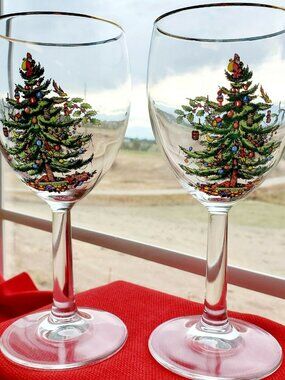 2 Spode Christmas Tree Wine Glasses 7.25" Gold Rim Holiday Glassware 12oz